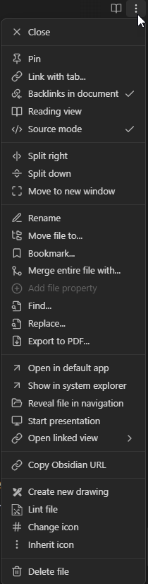 Context menu for the current note